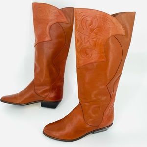 MADE IN BRAZIL Vintage Cognac Boots 80’s Leather Riding Boots Low Heel Tall Shoe